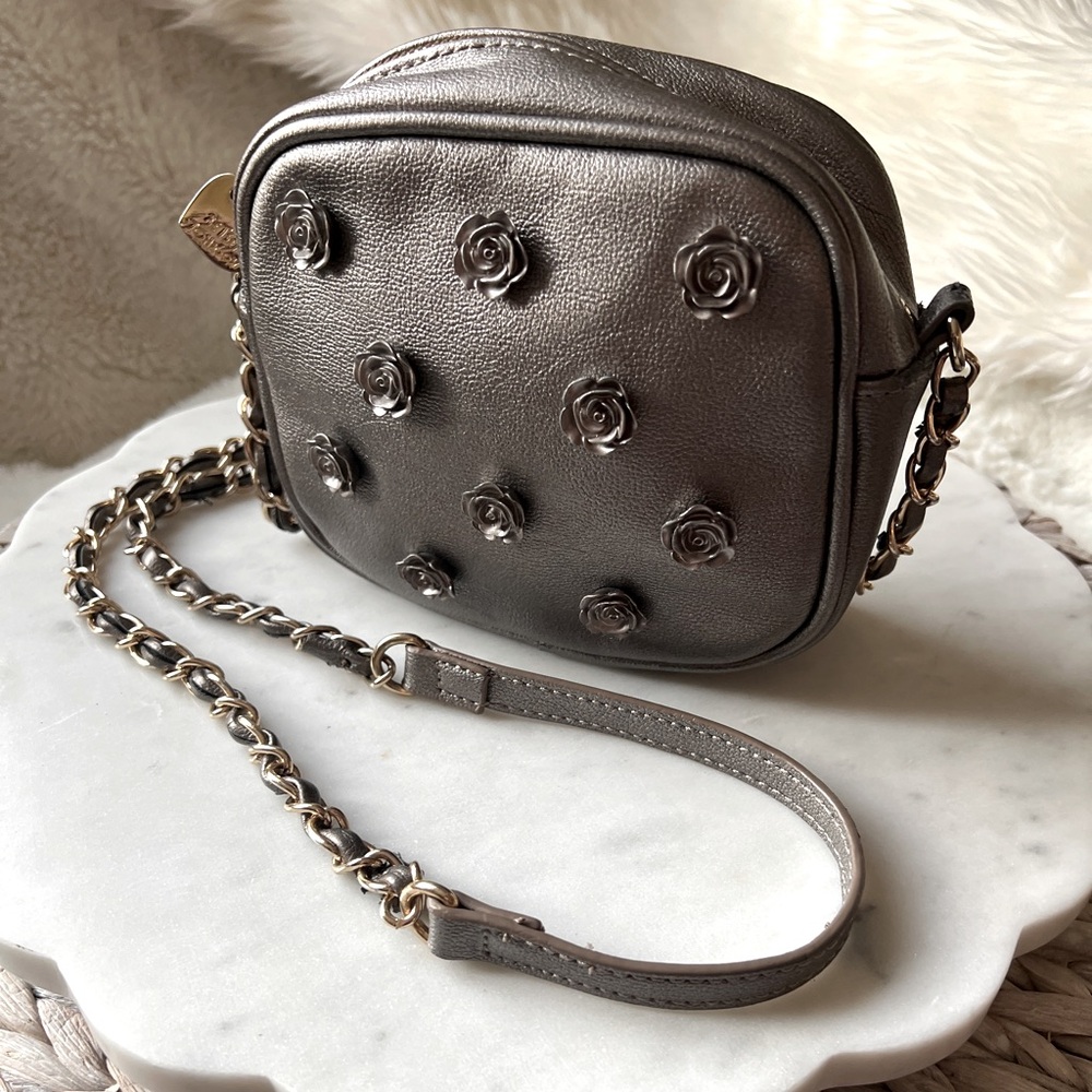 Betsey Johnson Vintage Metallic Roses Leather Crossbody with braided chain strap